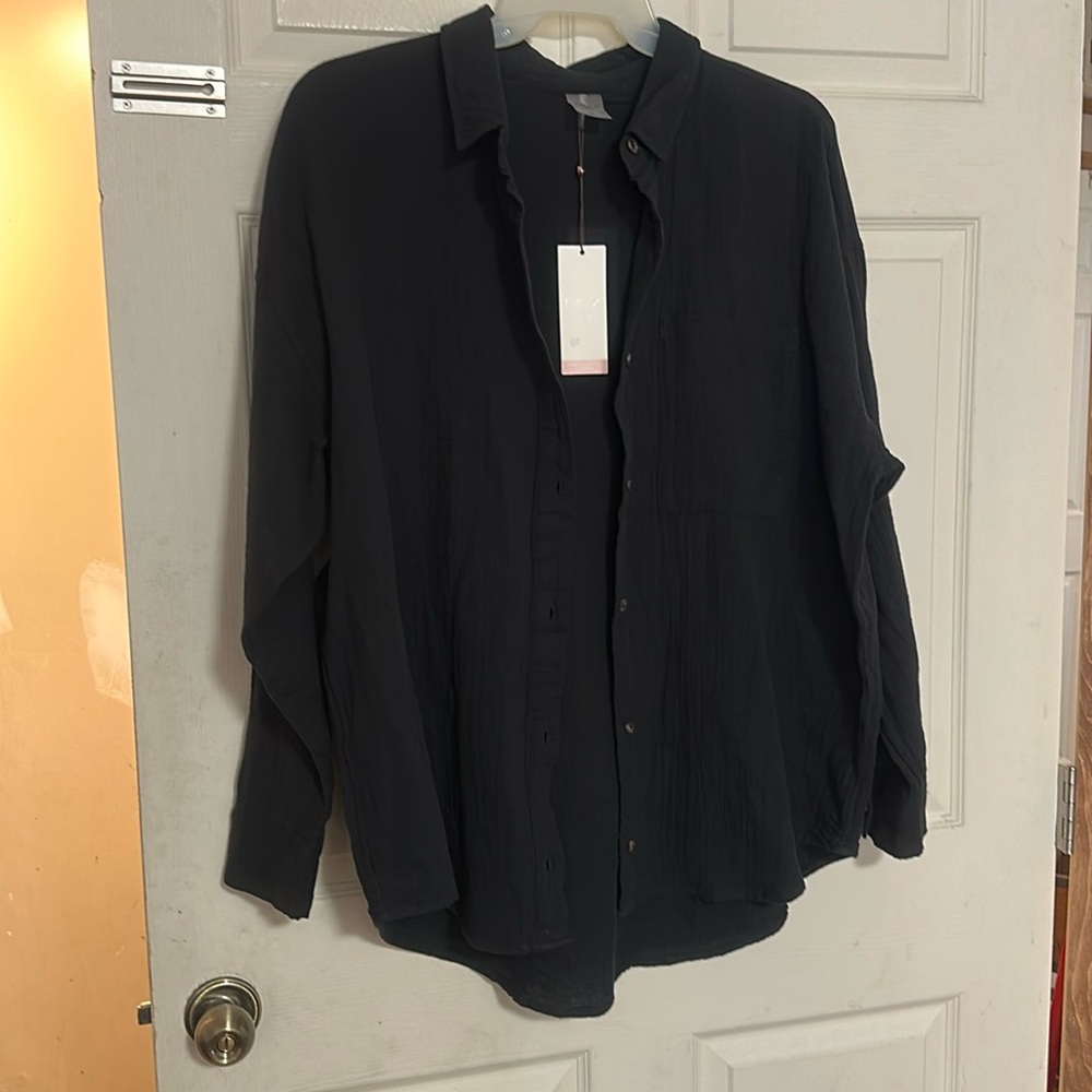 CALIA Oversized Long Sleeve Button Down Cover Up: BLACK: NEW WITH TAGS: SIZE XL